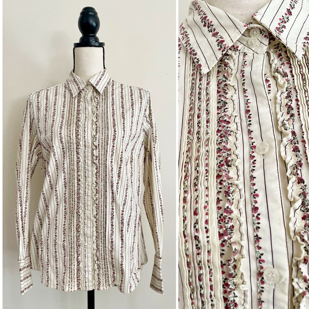 Vintage Y2K Floral Patterned Tuxedo-Style Buttondown Blouse